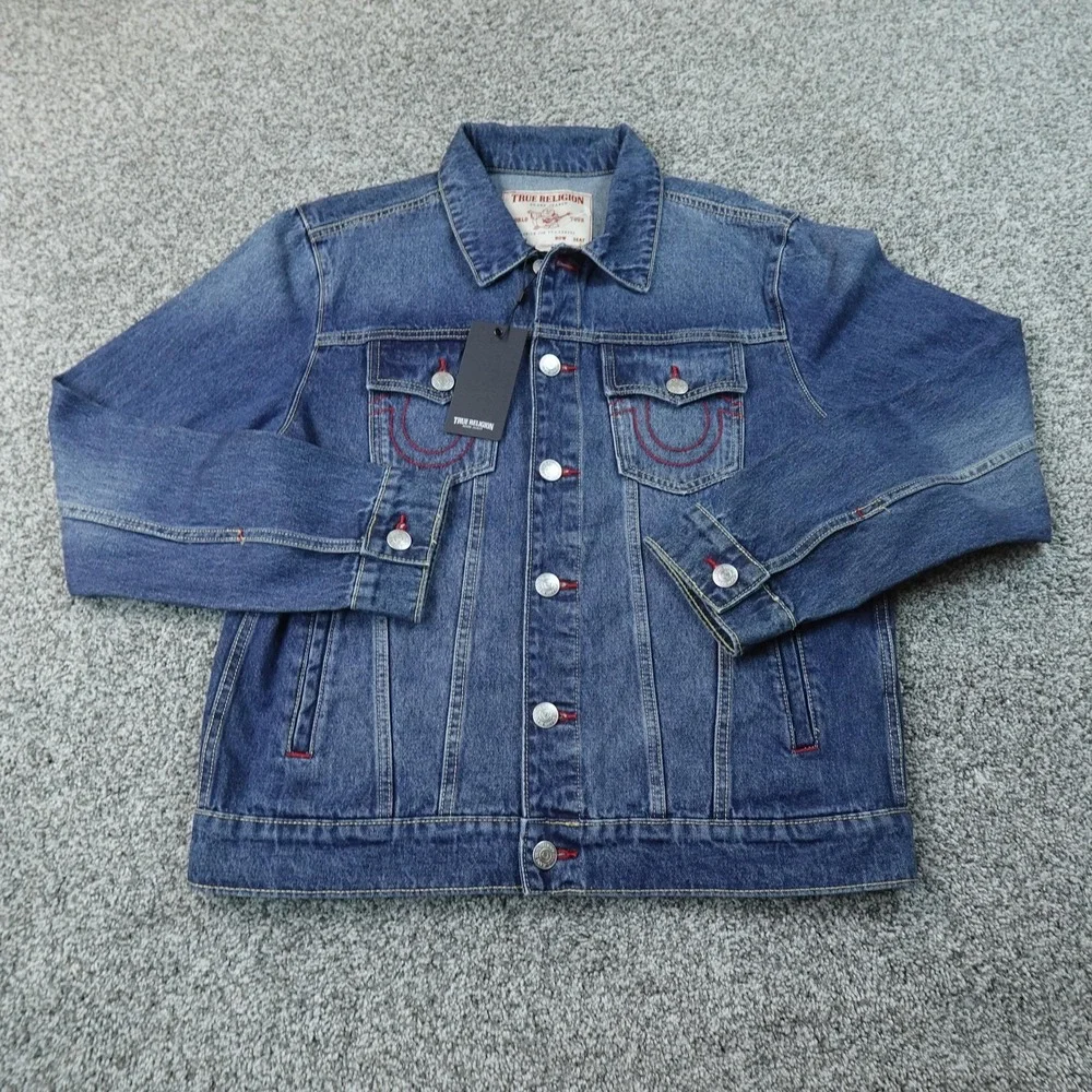 NEW True Religion Jacket Mens M Blue Denim Jean Coat Type 3 Trucker Horseshoe